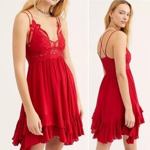 Free People Adella Bright Red Crochet Lace Slip Mini Dress